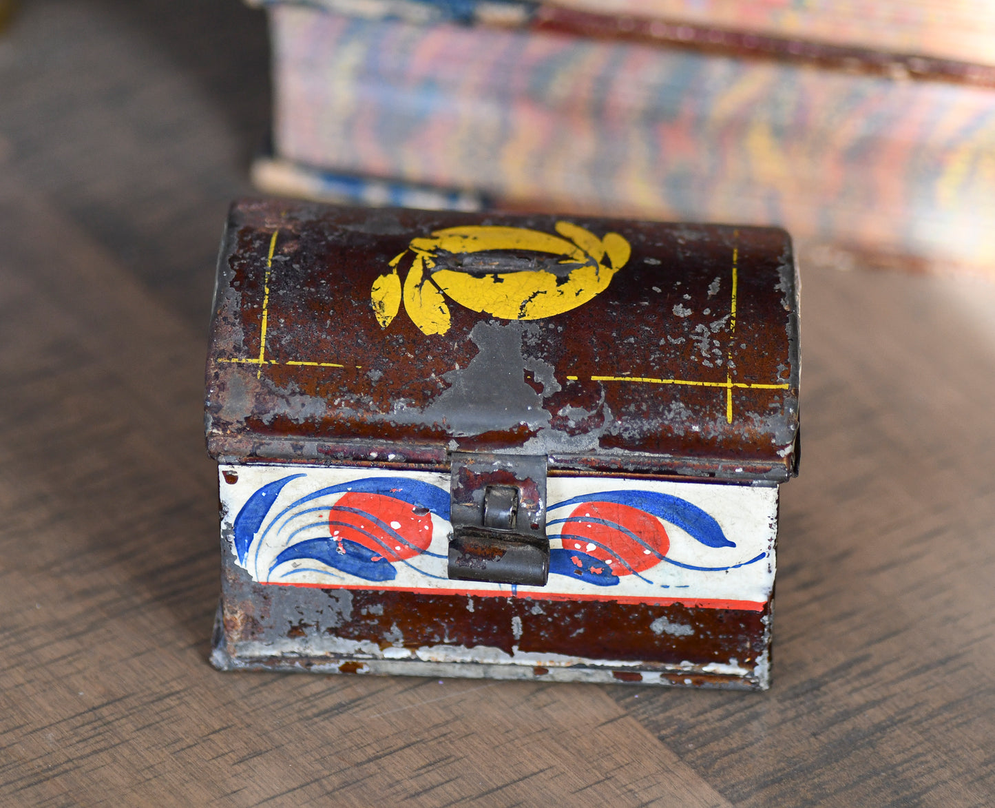 Antique Small Toleware Box, Decorative Tin