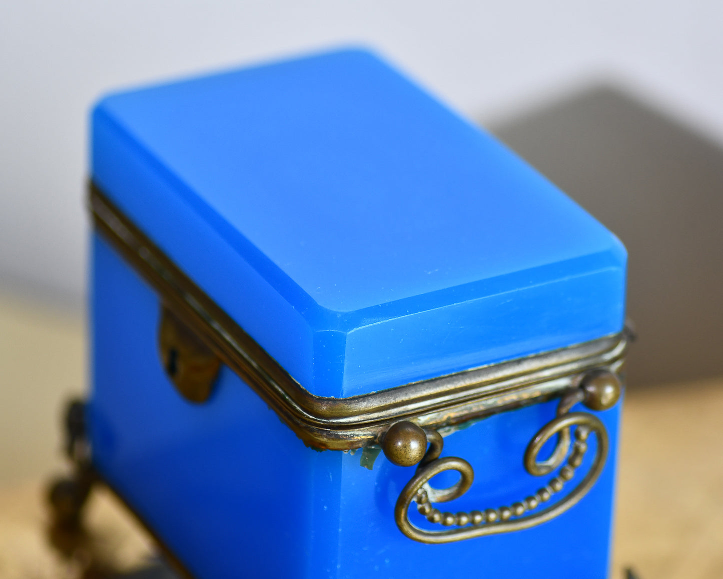 French Blue Opaline Glass Casket Jewelry Box with Bronze Footings