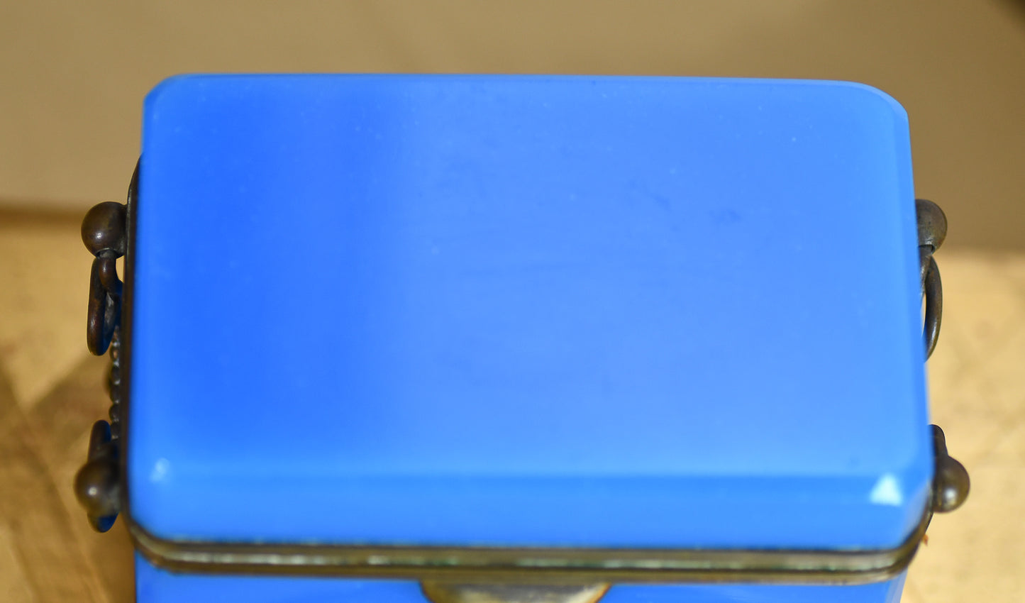 French Blue Opaline Glass Casket Jewelry Box with Bronze Footings