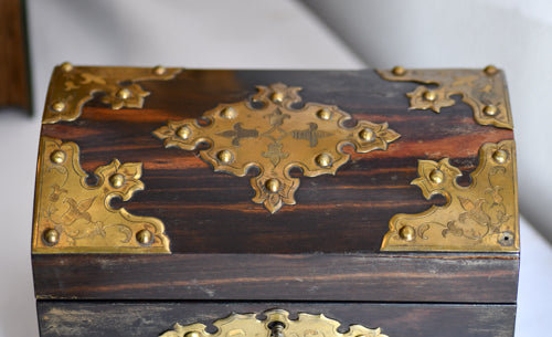 Antique Wood & Brass Ornate Box with Key