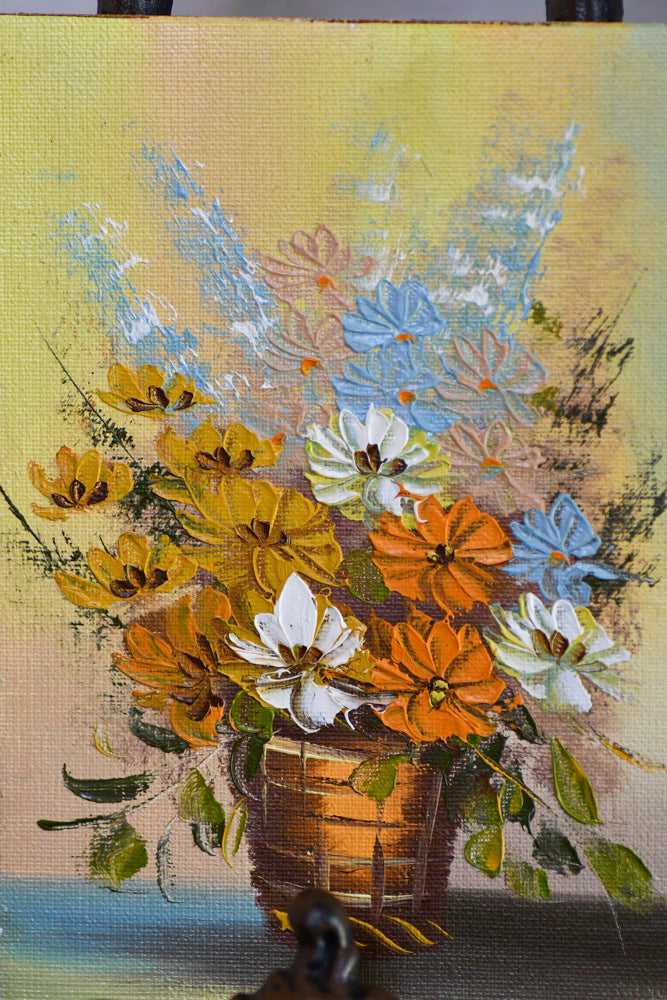 Vintage Oil Painting of Flowers in a Basket, 7"