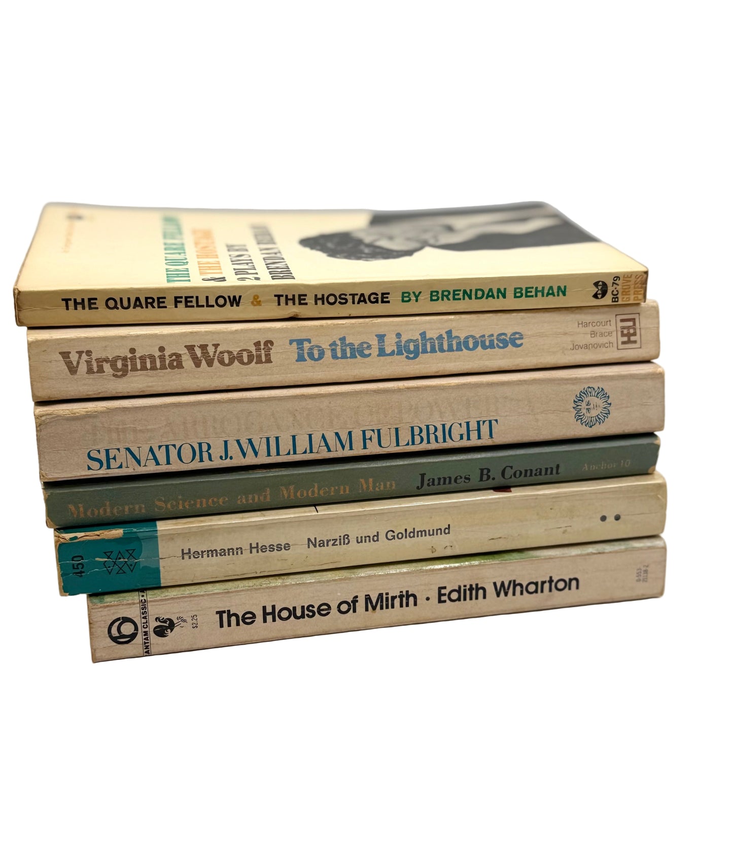 Stack of books with visible titles and authors on a white background