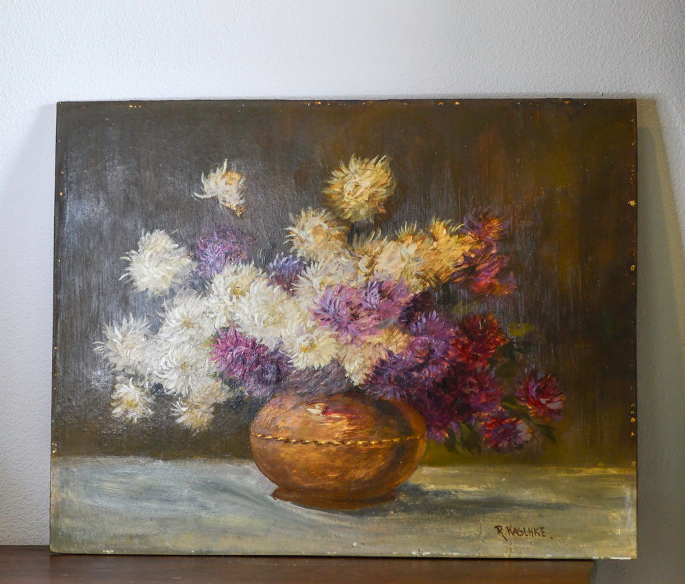 Purple Floral Still Life Vintage Painting, 24”