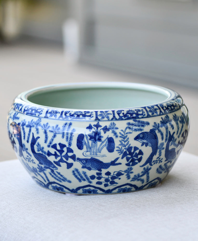 Blue and White Large Porcelain Bowl with Fish
