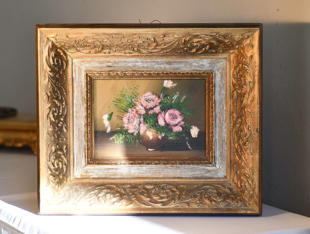 Pink and Red Floral Framed Oil Painting, 12.75"