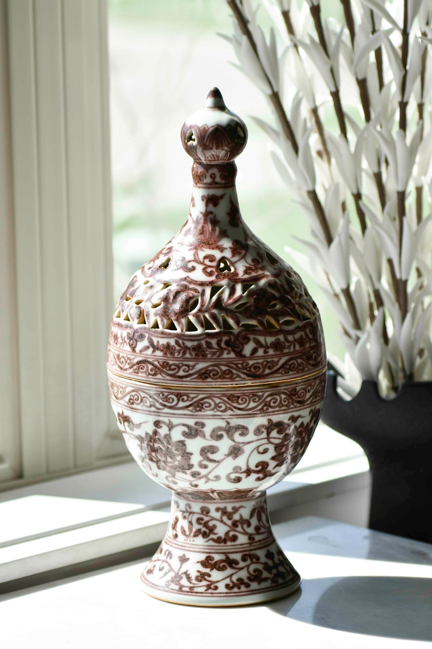 Red Underglaze Large Decorative Incense Burner, 15"