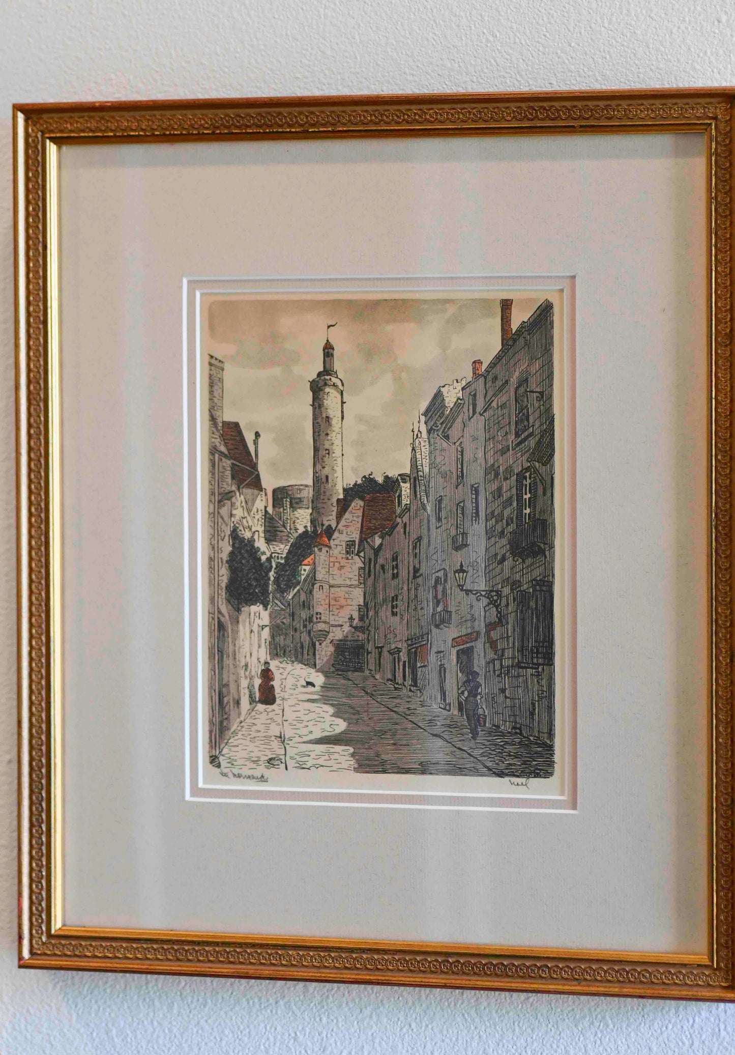 Watercolor on Engraving, Street in Normandy