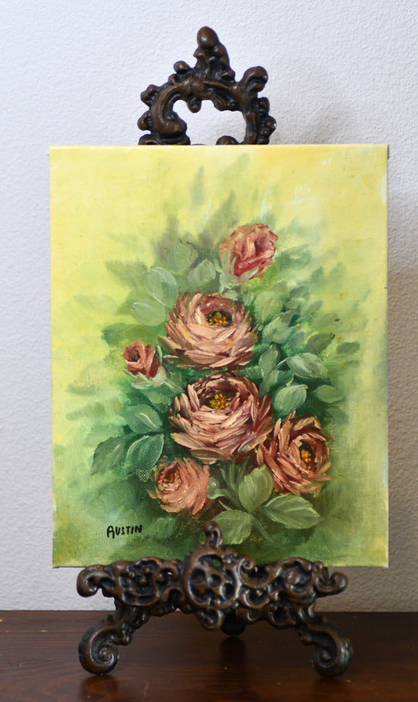 Pink Rose Bush Vintage Painting, 10"
