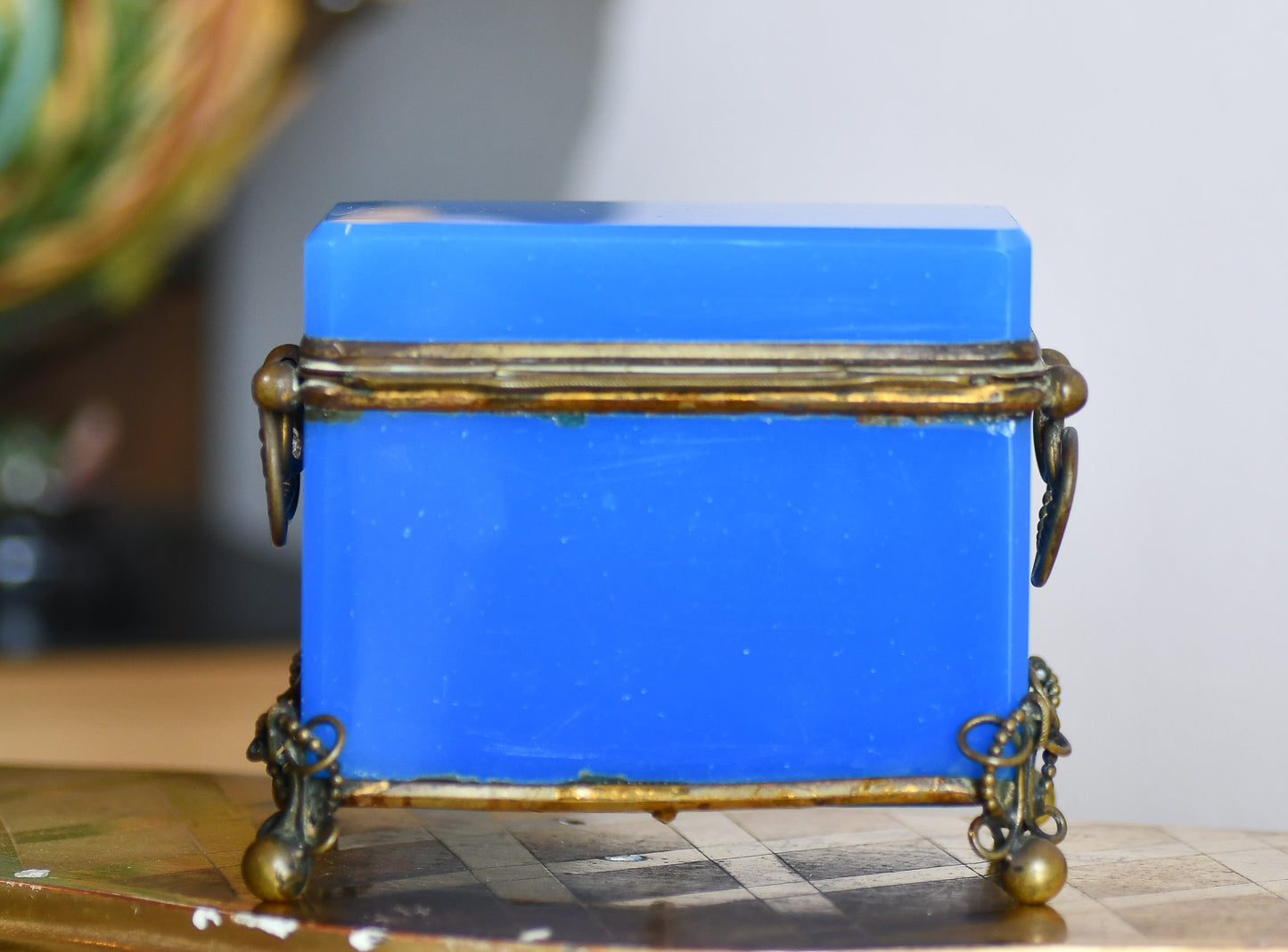 French Blue Opaline Glass Casket Jewelry Box with Bronze Footings
