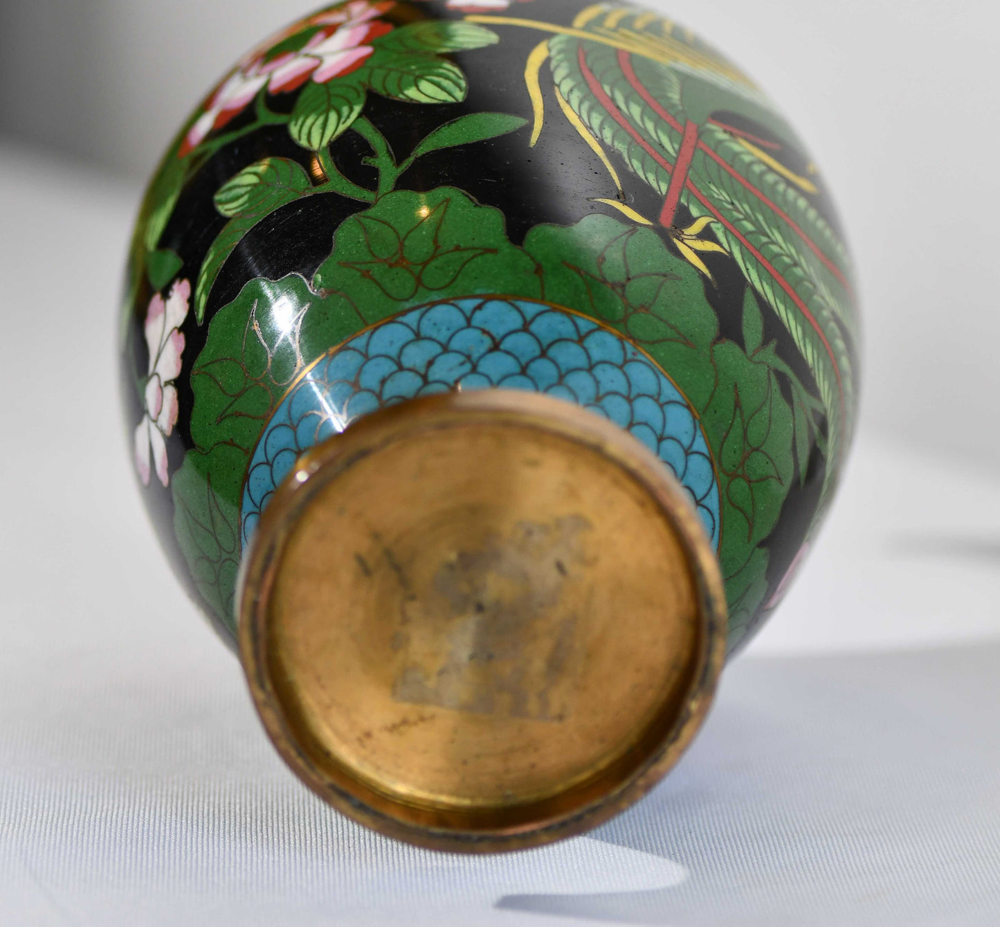 Cloisonne Black Vase with Peacock, 9"