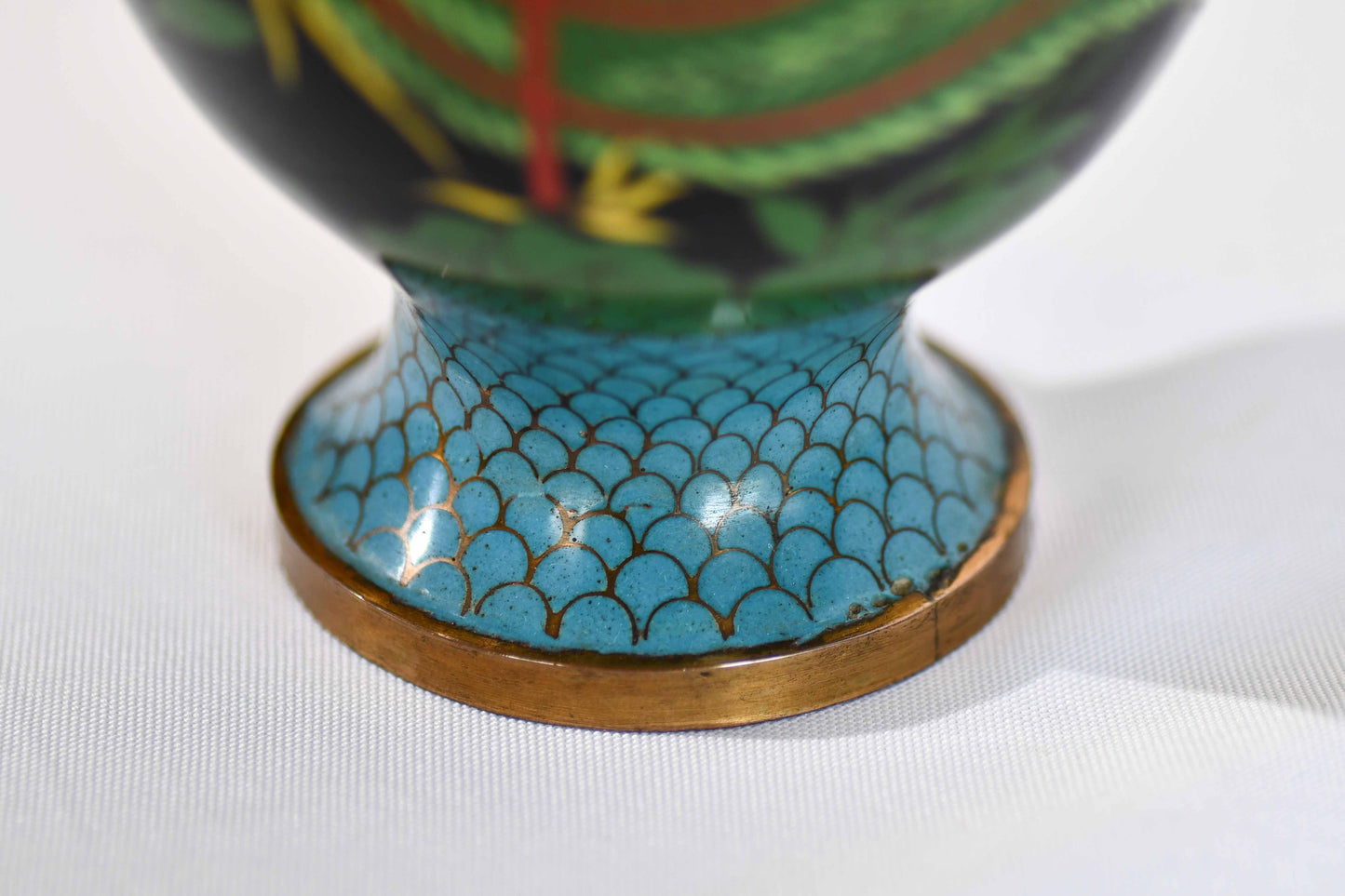Cloisonne Black Vase with Peacock, 9"