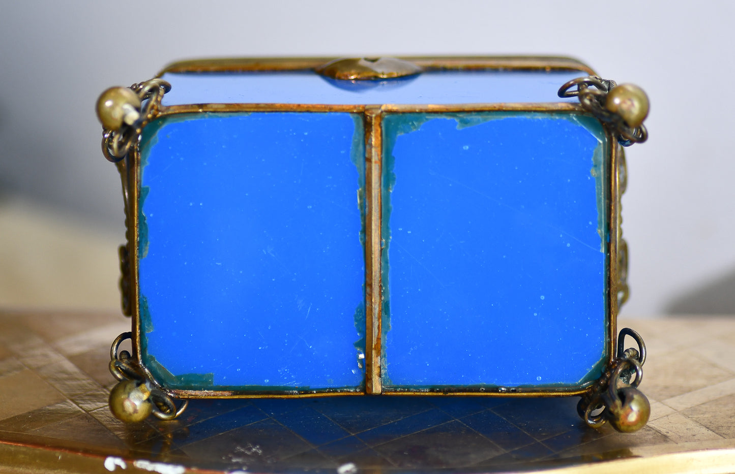 French Blue Opaline Glass Casket Jewelry Box with Bronze Footings