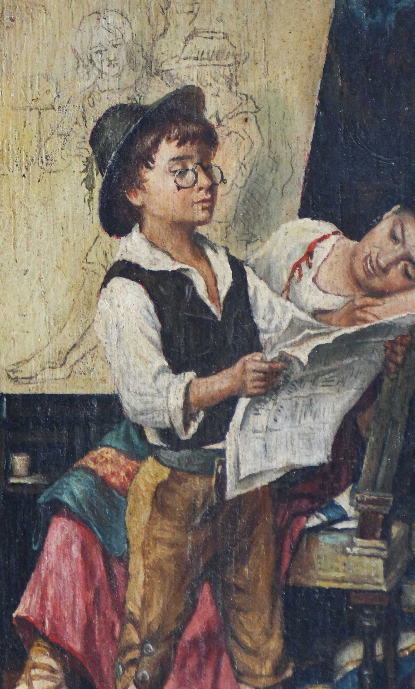 Young Artist Adventurer Framed Antique Oil Painting, 9.25"