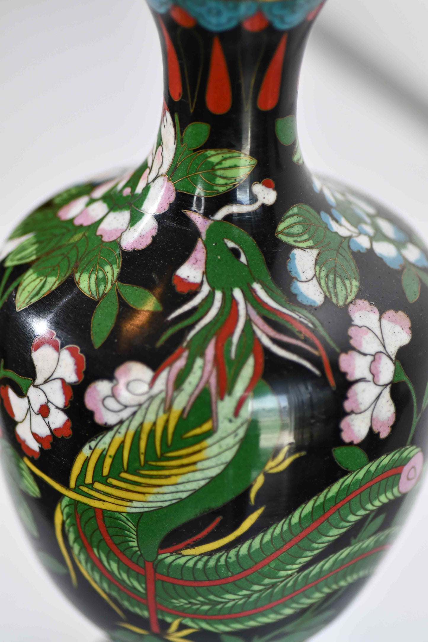 Cloisonne Black Vase with Peacock, 9"