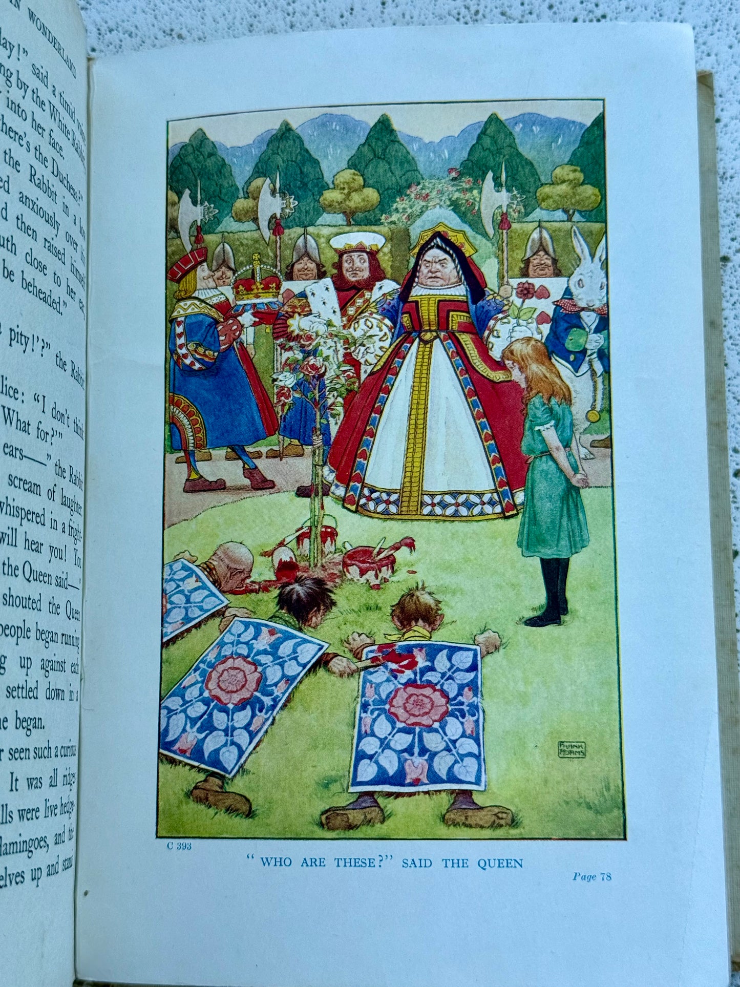 Illustration of the queen of hearts and Alice from Alice's Adventure's in Wonderland, published by Blackie and Sons