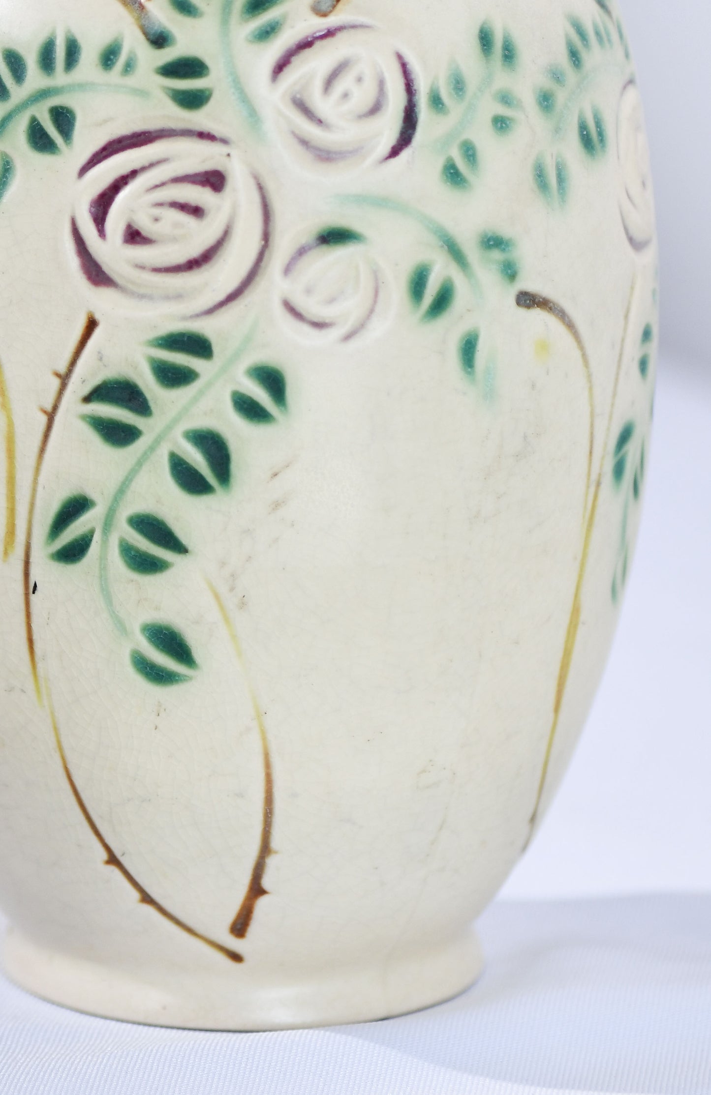 Roseville Beige Rose Vase, Vintage Velmoss Floral Vase, 8"