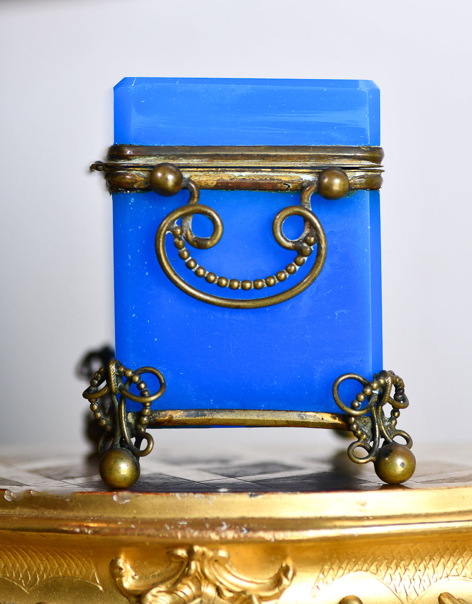 French Blue Opaline Glass Casket Jewelry Box with Bronze Footings