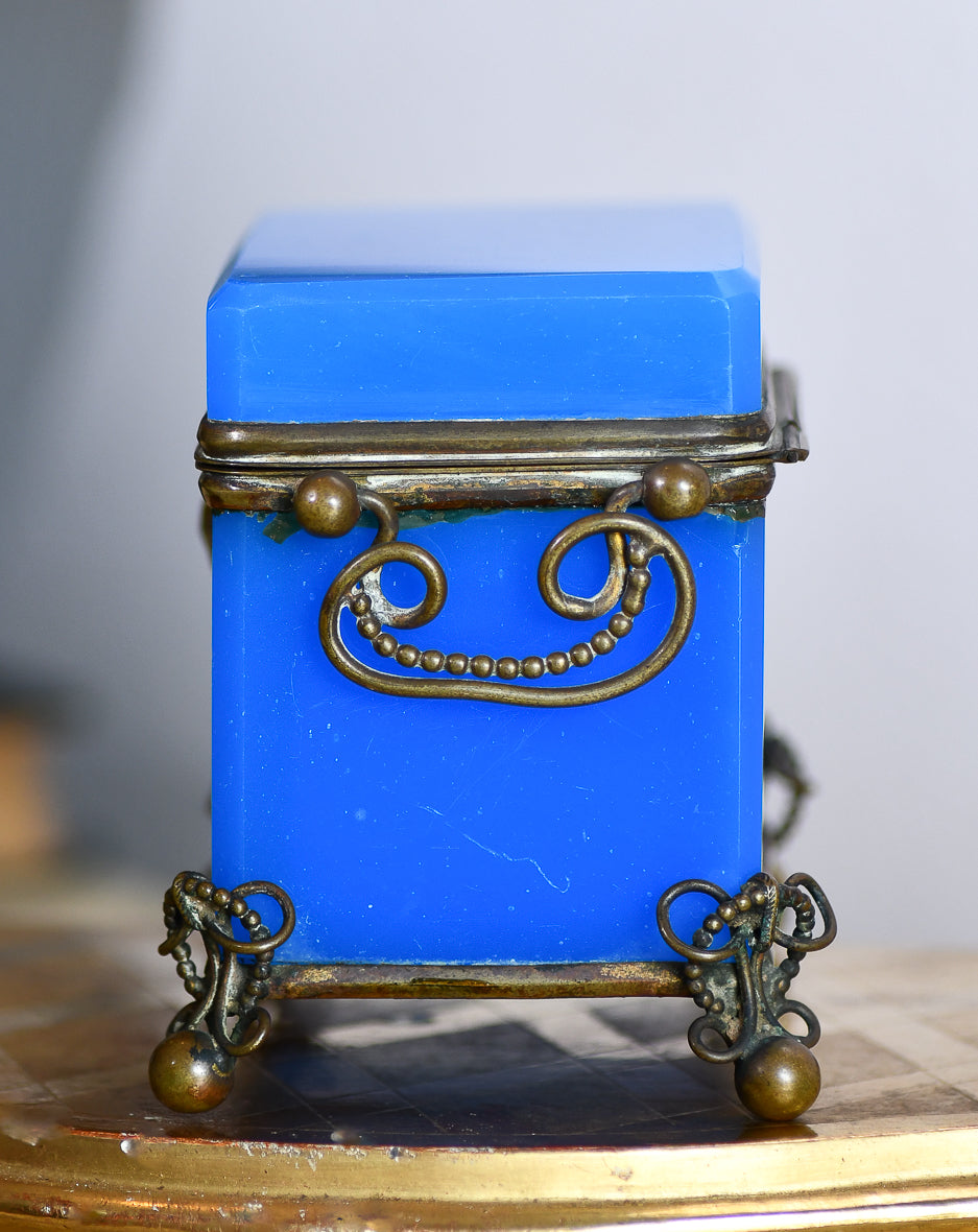 French Blue Opaline Glass Casket Jewelry Box with Bronze Footings