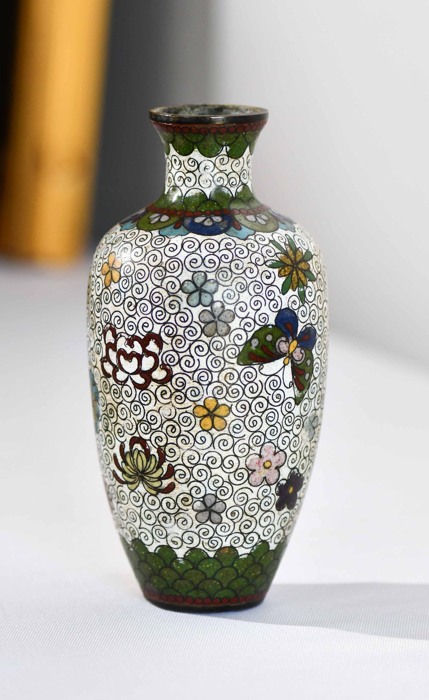 Cloisonne White Floral Vase with Butterflies, 6"