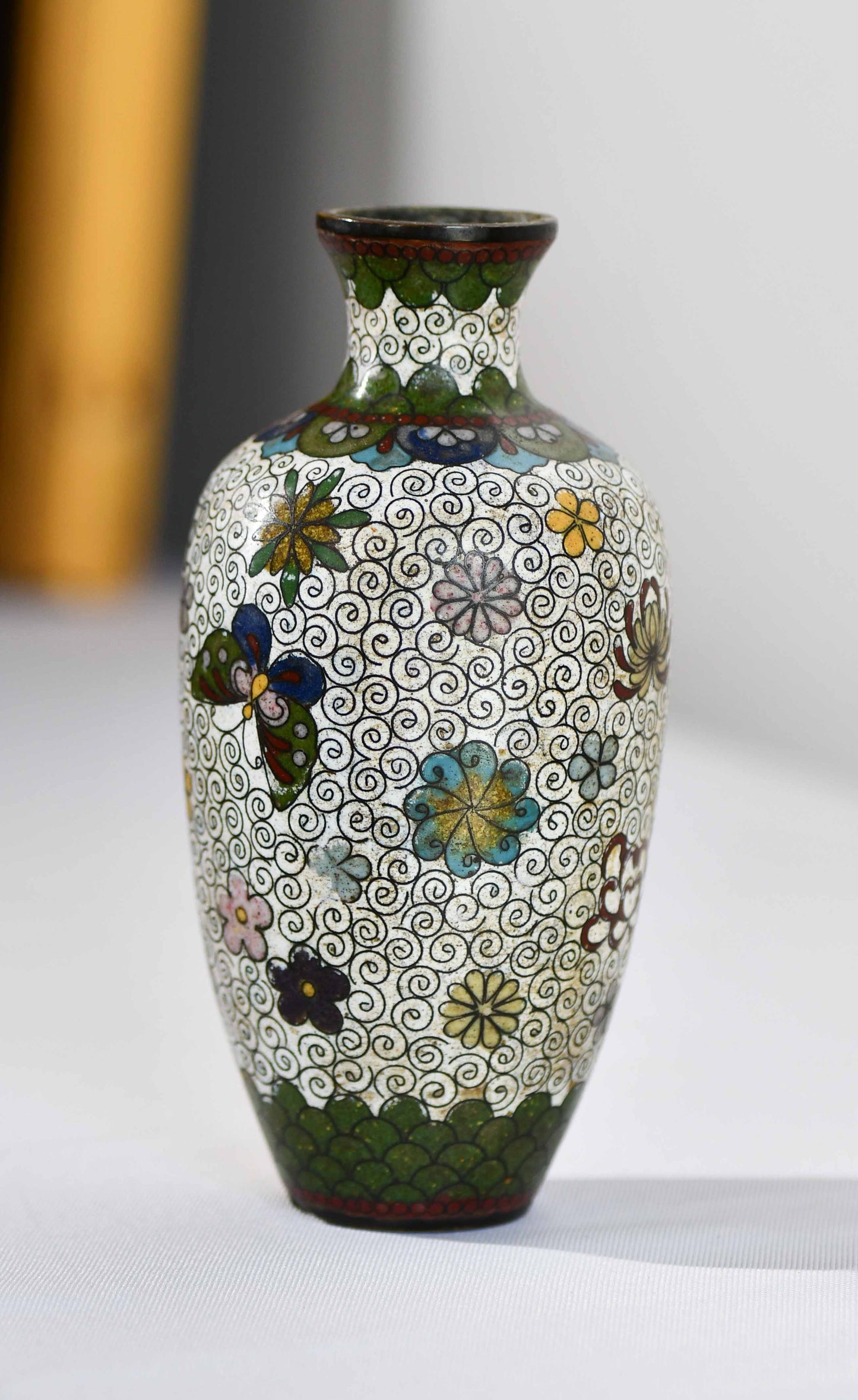 Cloisonne White Floral Vase with Butterflies, 6"