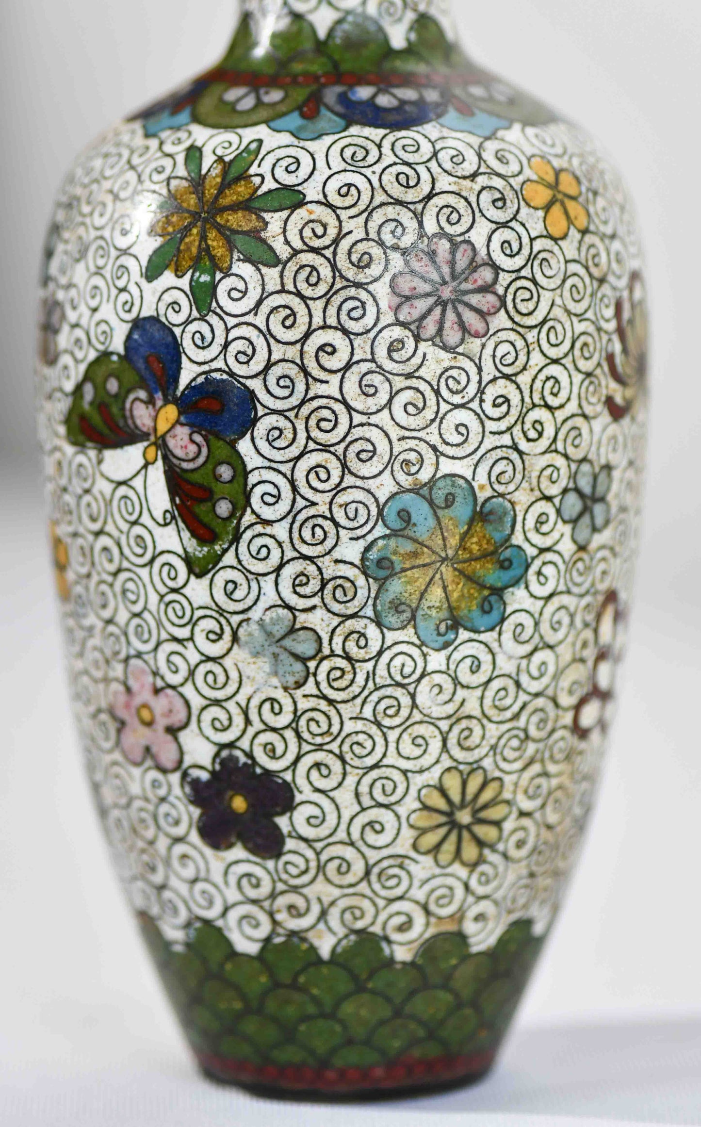 Cloisonne White Floral Vase with Butterflies, 6"