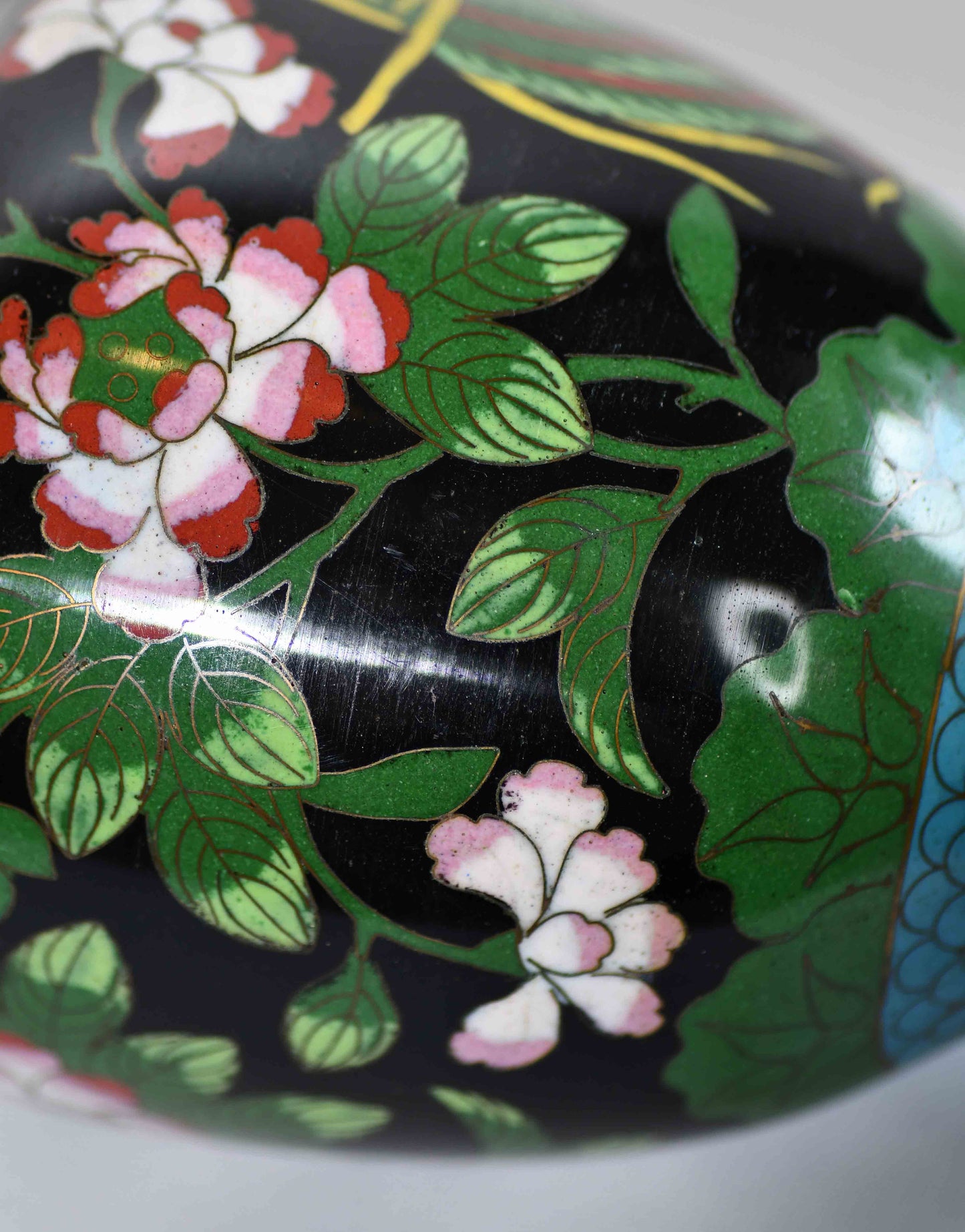 Cloisonne Black Vase with Peacock, 9"