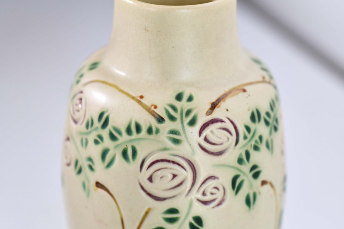 Roseville Beige Rose Vase, Vintage Velmoss Floral Vase, 8"