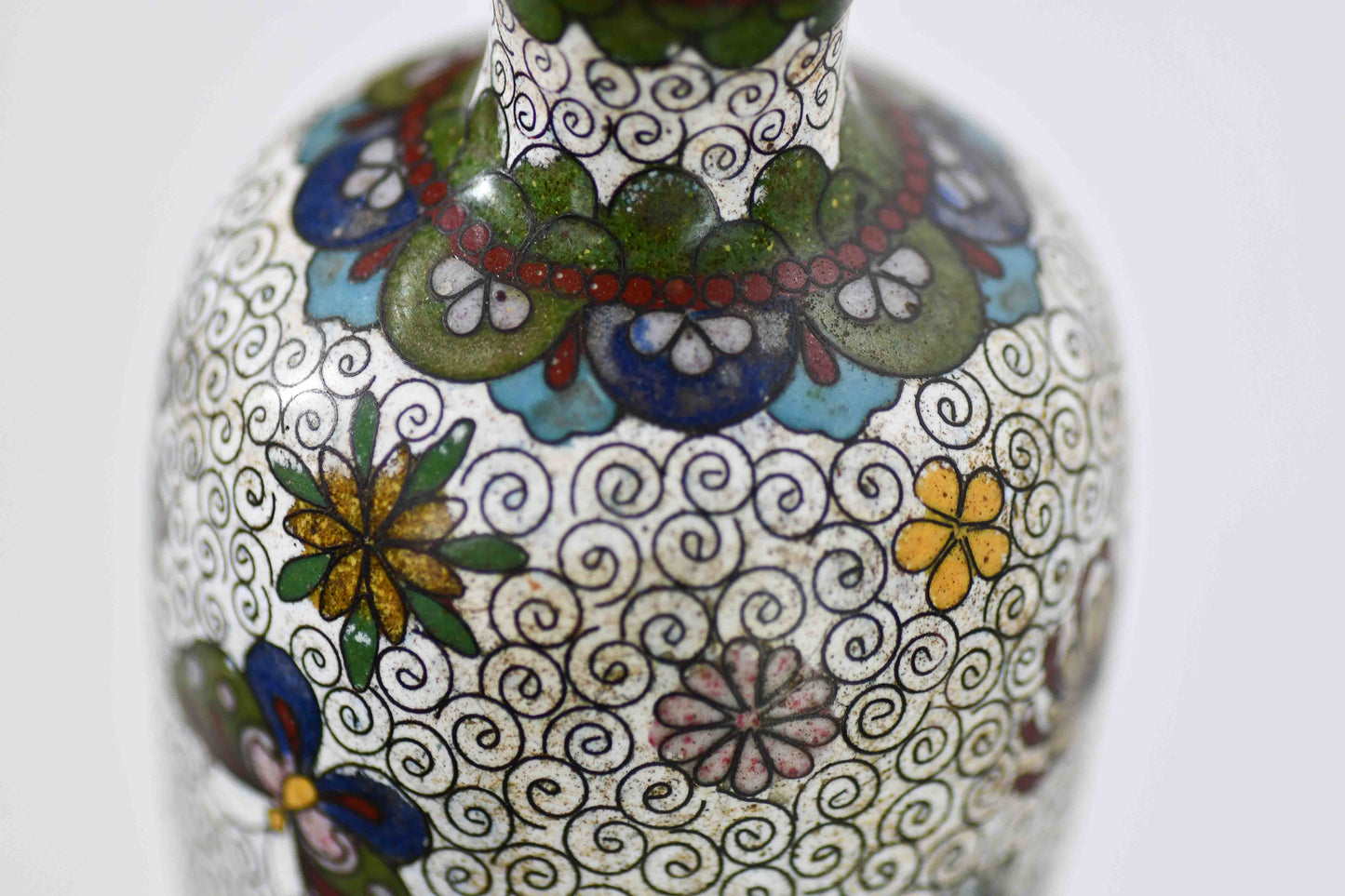 Cloisonne White Floral Vase with Butterflies, 6"