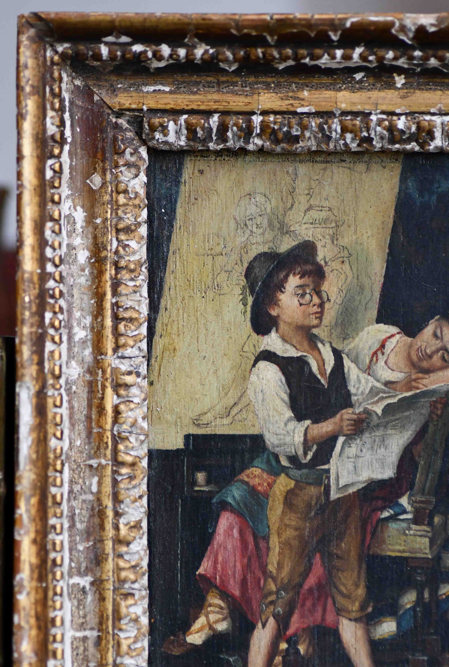 Young Artist Adventurer Framed Antique Oil Painting, 9.25"