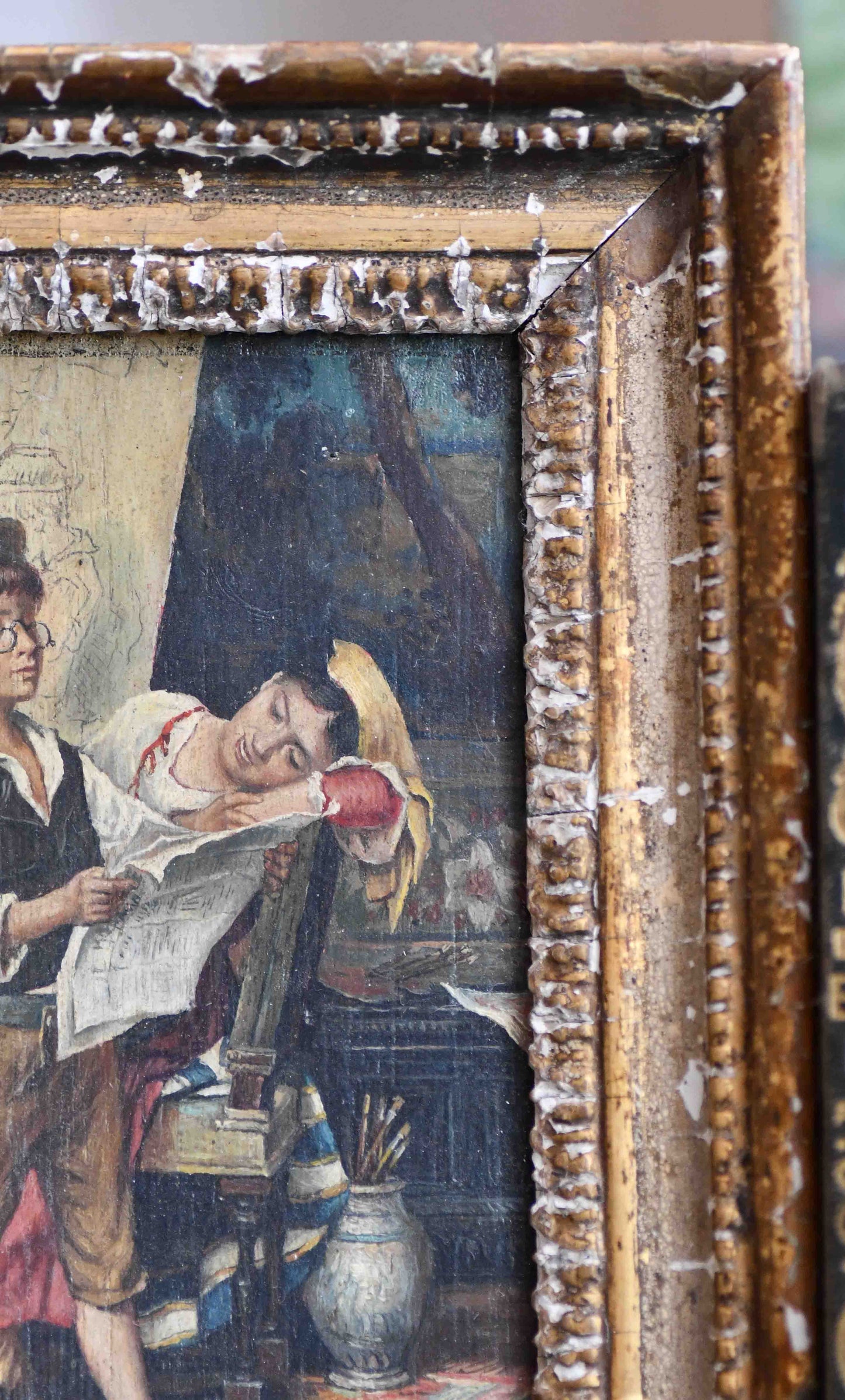 Young Artist Adventurer Framed Antique Oil Painting, 9.25"