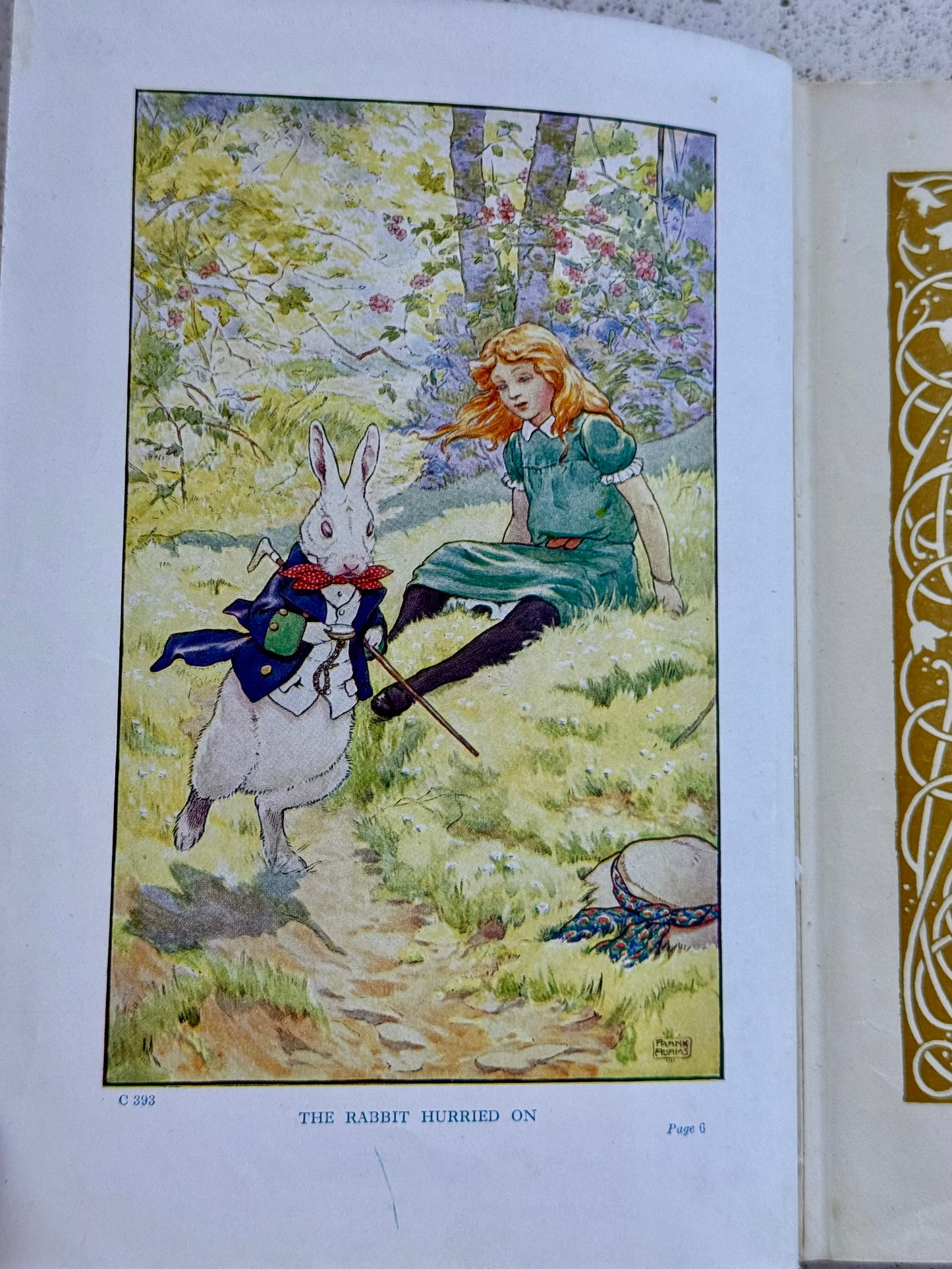 Illustration of the white rabbit and Alice from Alice's Adventure's in Wonderland, published by Blackie and Sons