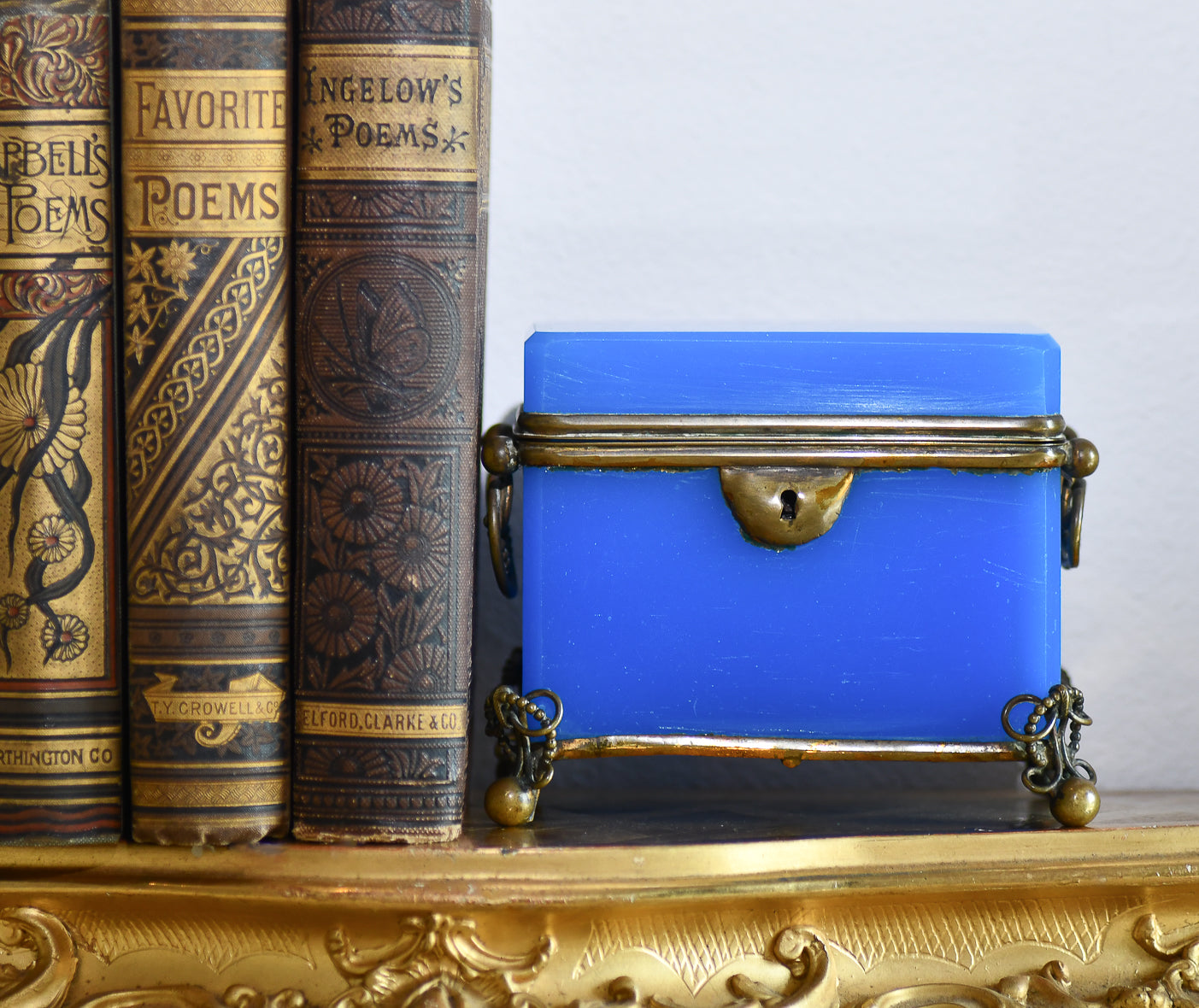 French Blue Opaline Glass Casket Jewelry Box with Bronze Footings