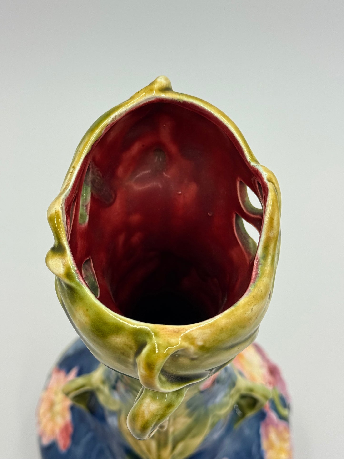 Floral Majolica Art Nouveau Ceramic Vase, 12”