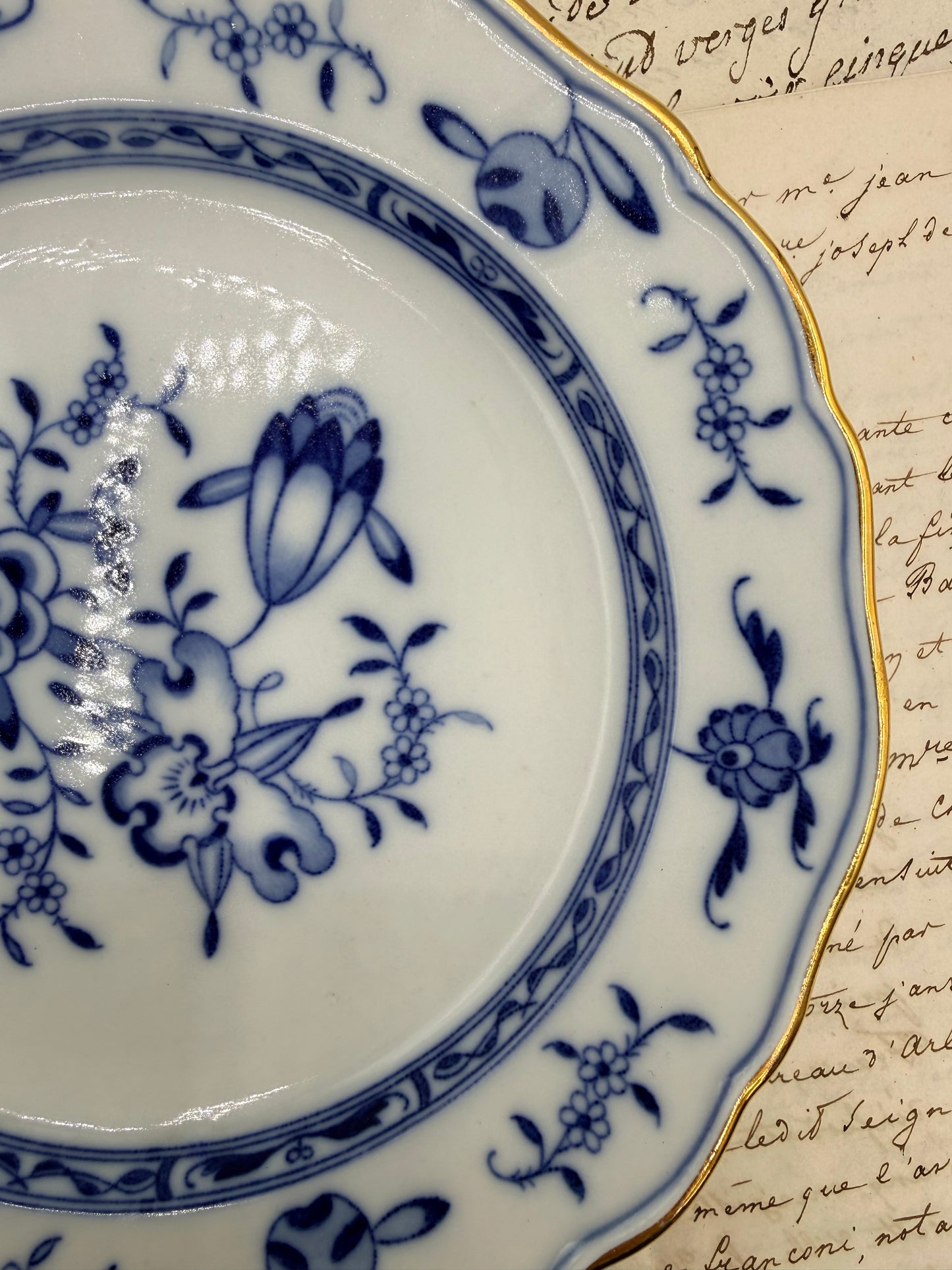 Meissen Blue and White Onion Plate with Gold Rim, 7”