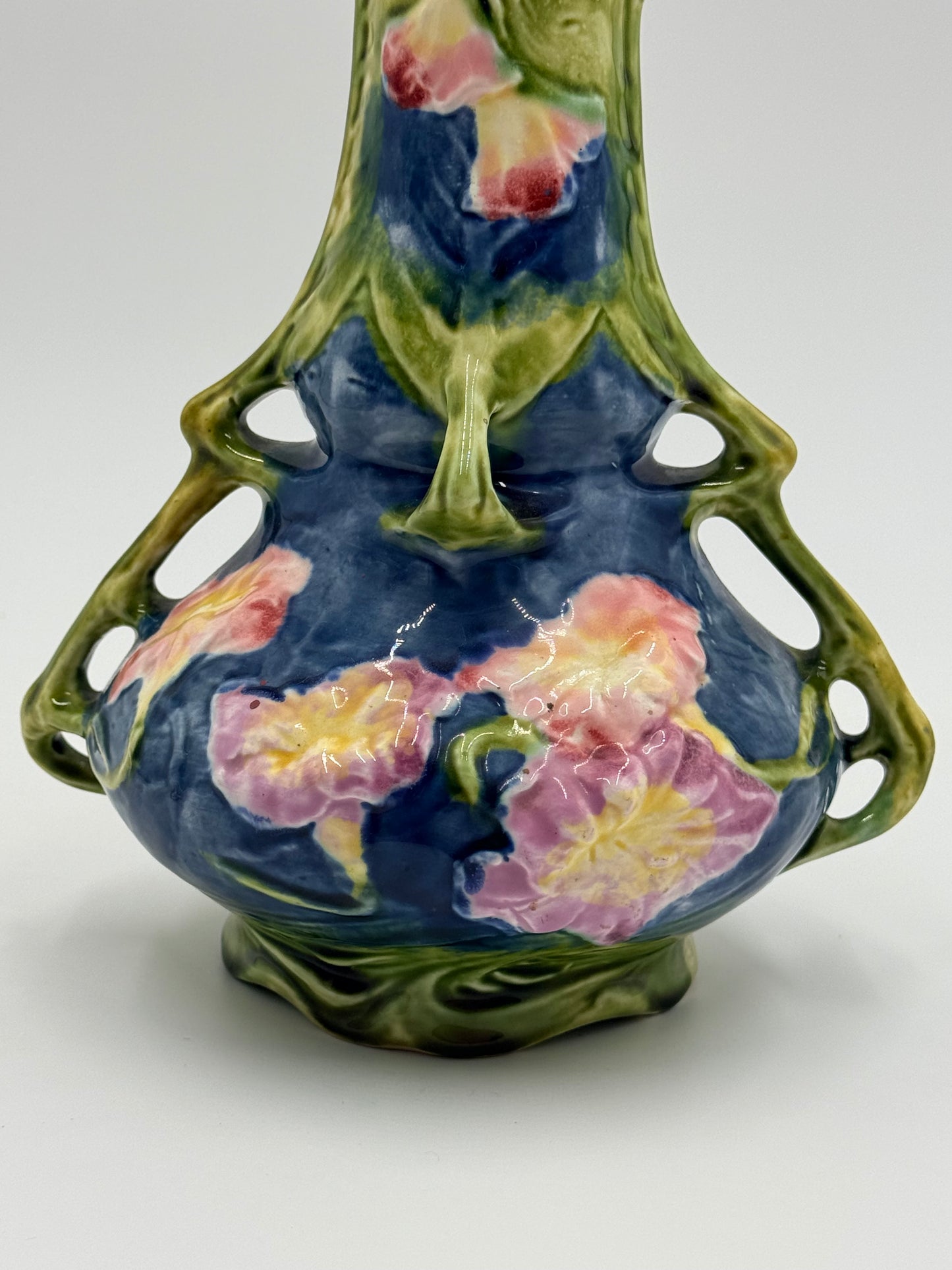 Floral Majolica Art Nouveau Ceramic Vase, 12”