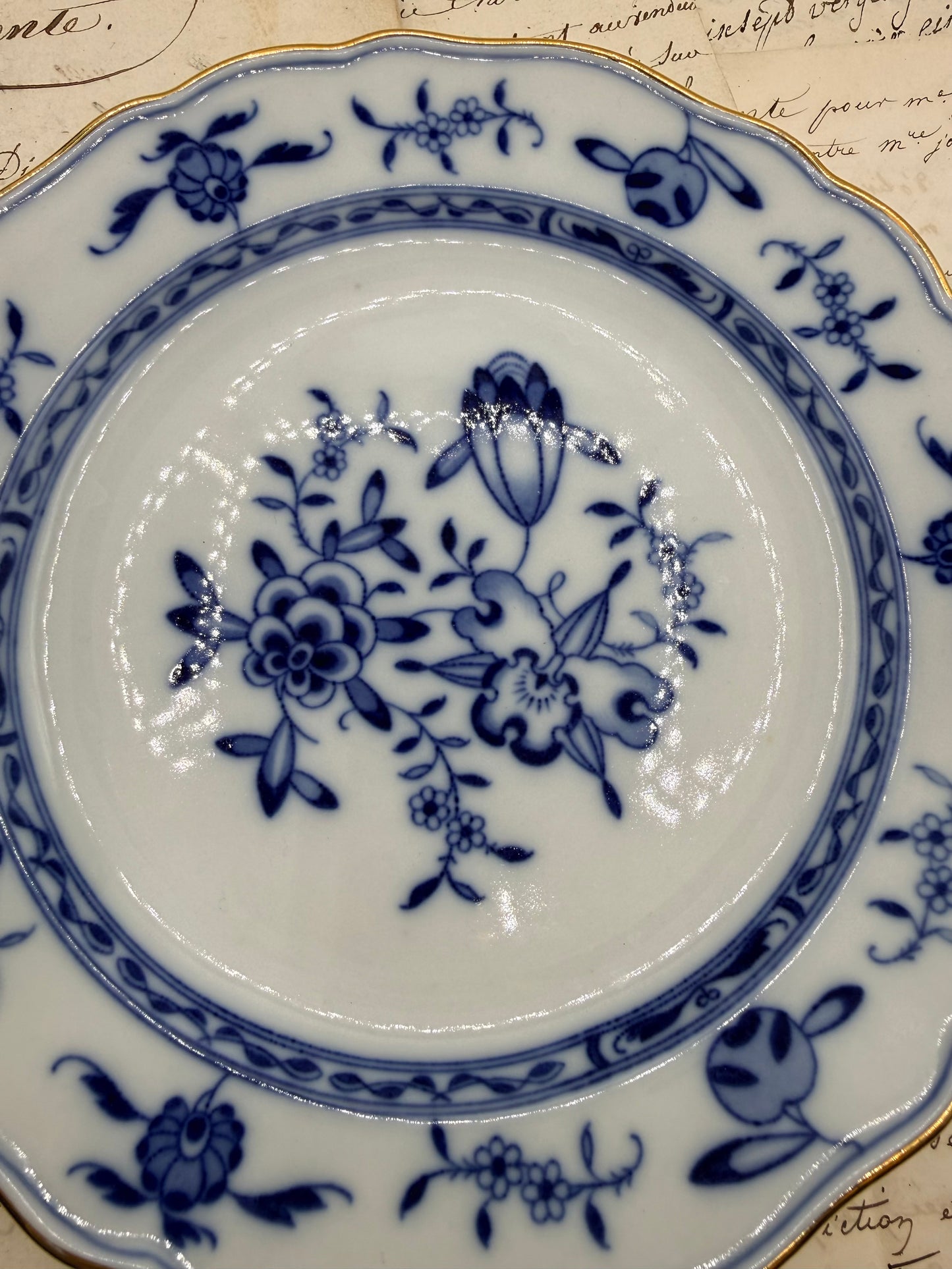 Meissen Blue and White Onion Plate with Gold Rim, 7”