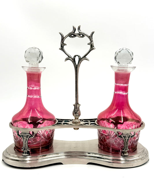 Pink Cranberry Glass Decanters on Stand