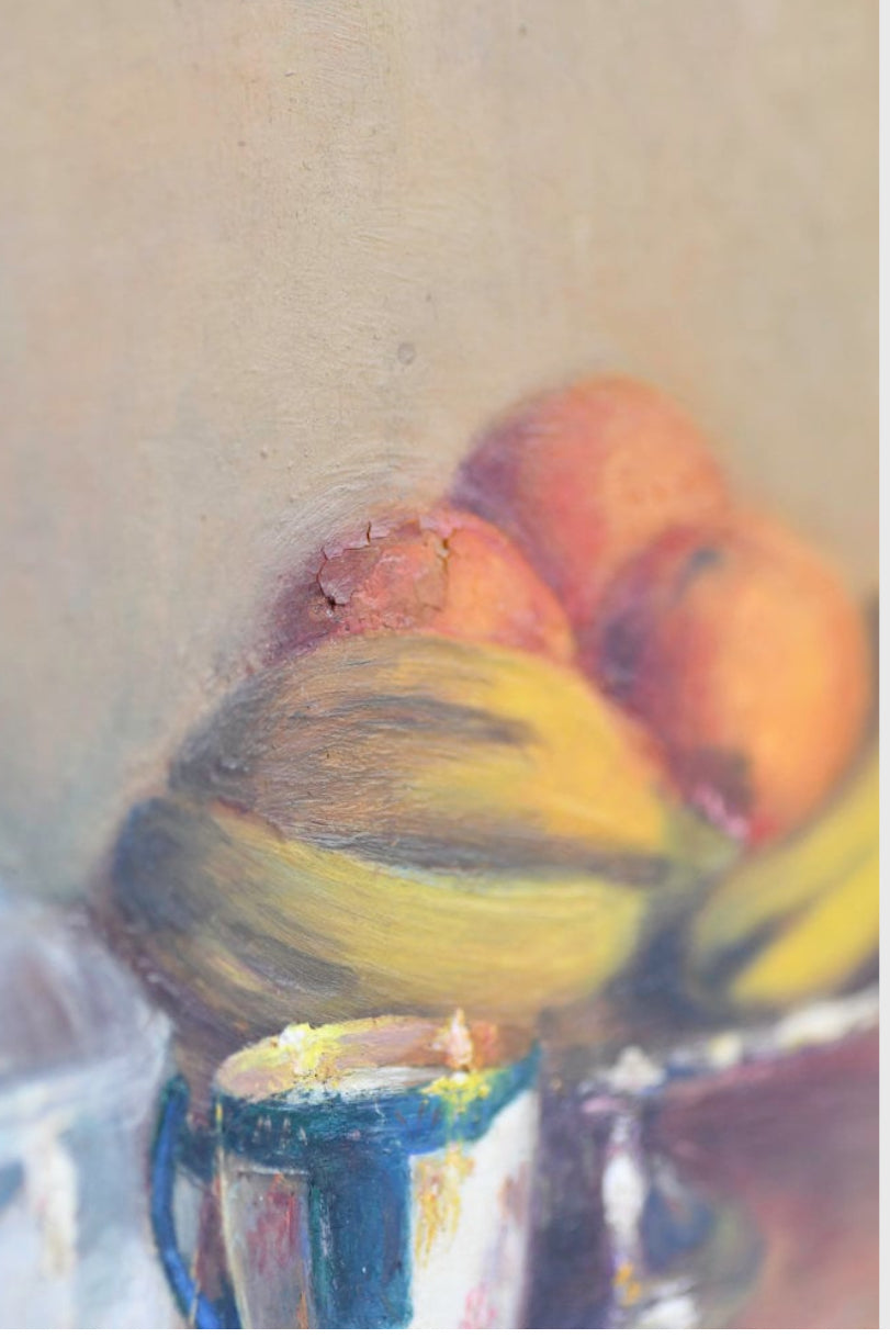 Gold Framed Still Life Oil Painting of Fruit Dining Table, 13”