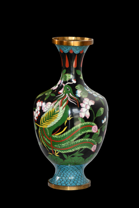 Cloisonne Black Vase with Peacock, 9"