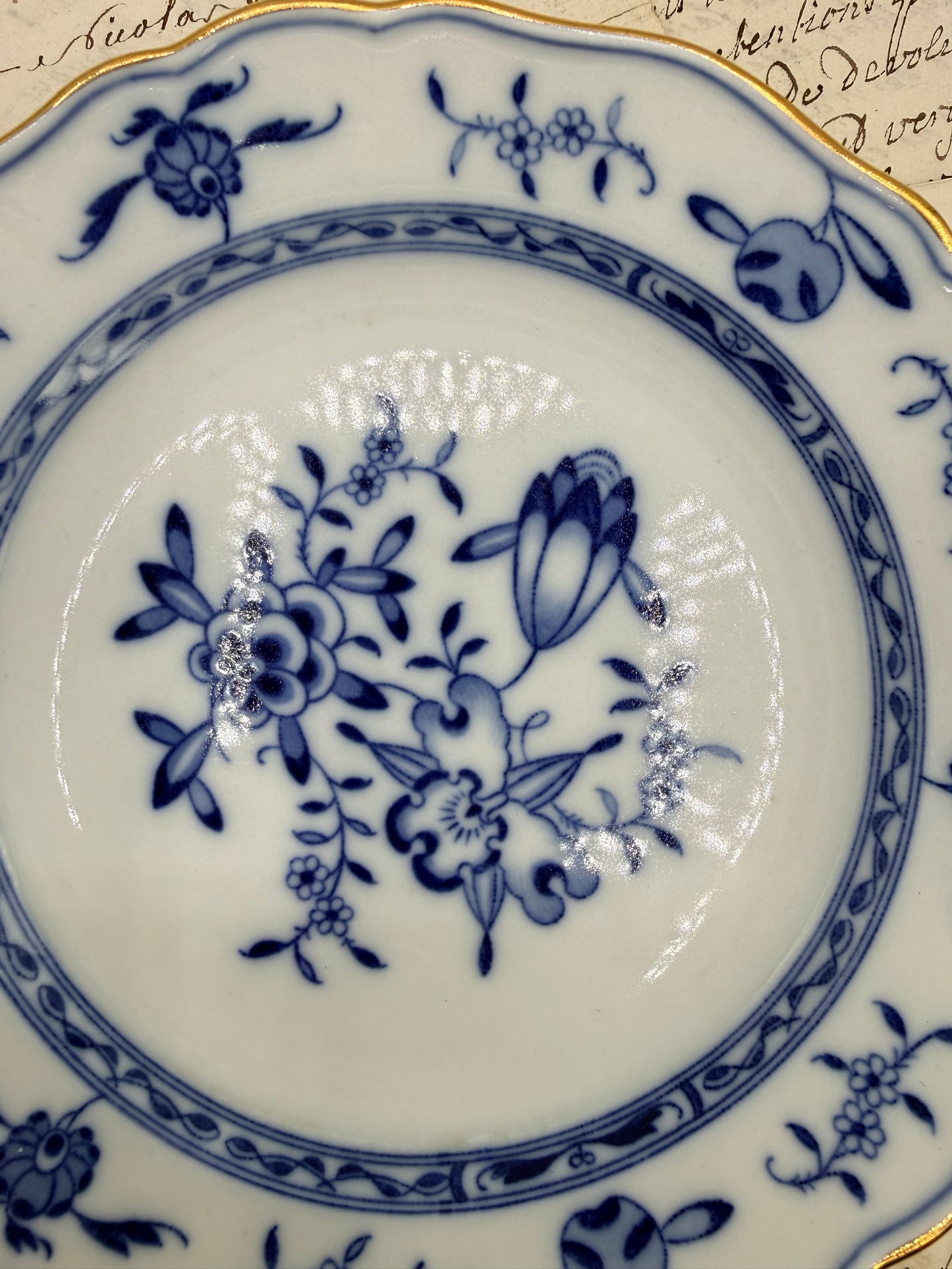 Meissen Blue and White Onion Plate with Gold Rim, 7”