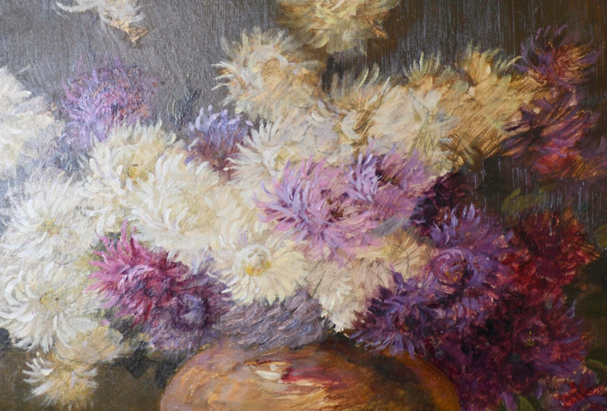 Purple Floral Still Life French Oil Painting, 24”