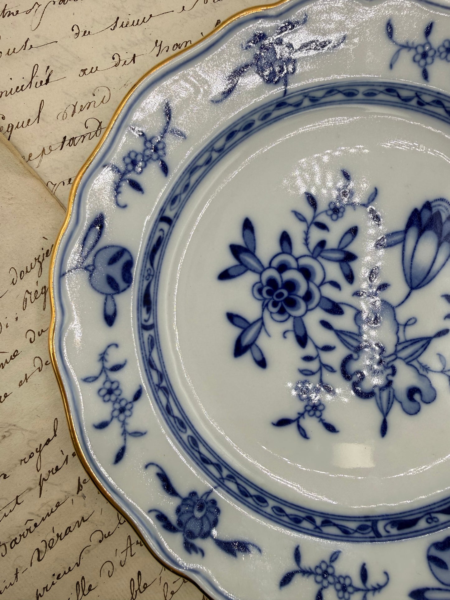 Meissen Blue and White Onion Plate with Gold Rim, 7”