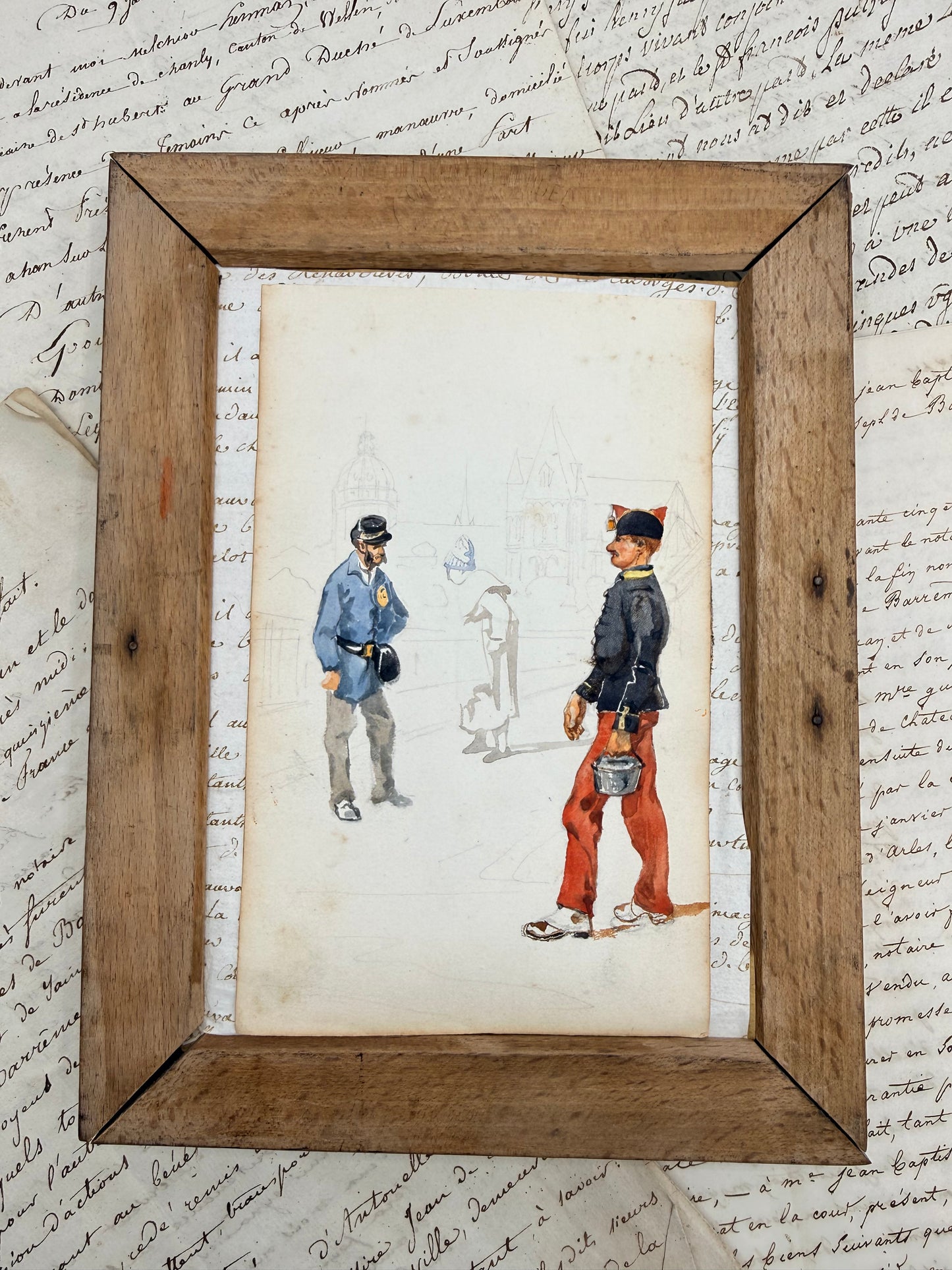 French Watercolor in Barnwood Style Frame, 9”