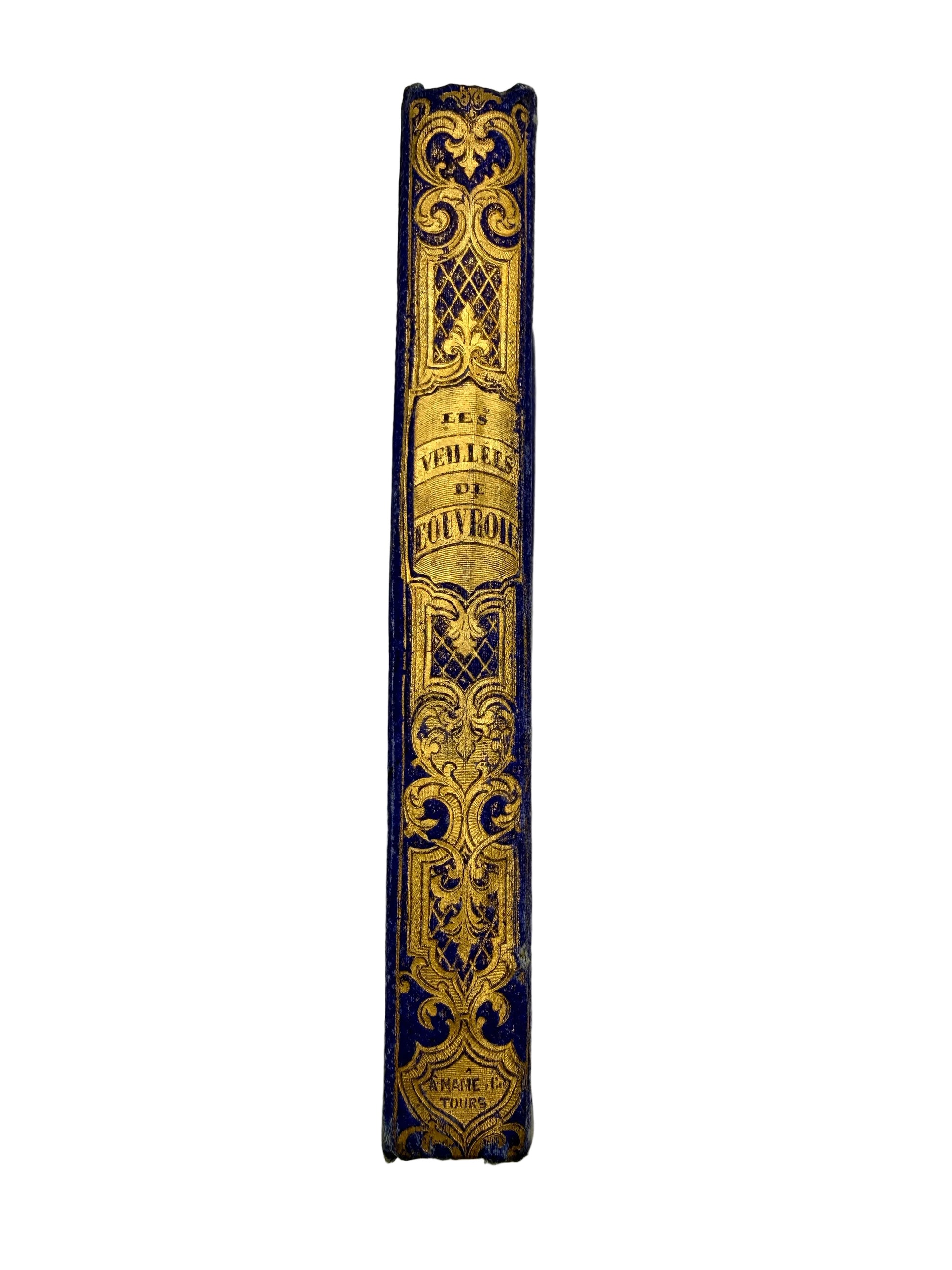 Decorative book spine with gold and blue design on a white background