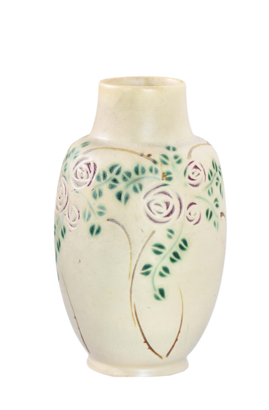 Roseville Beige Rose Vase, Vintage Velmoss Floral Vase, 8"