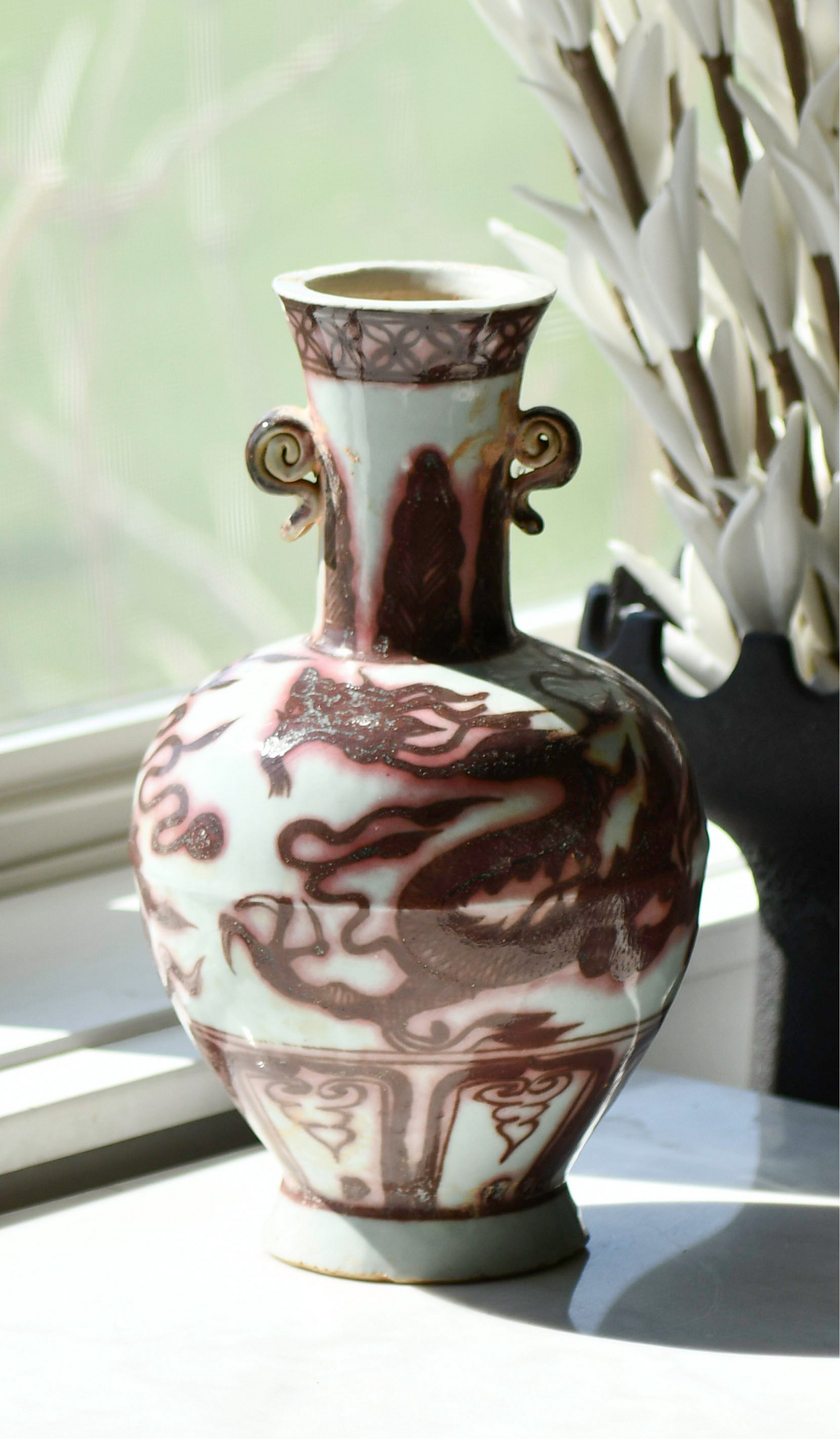 Red Underglaze Vase with Dragon, 9"