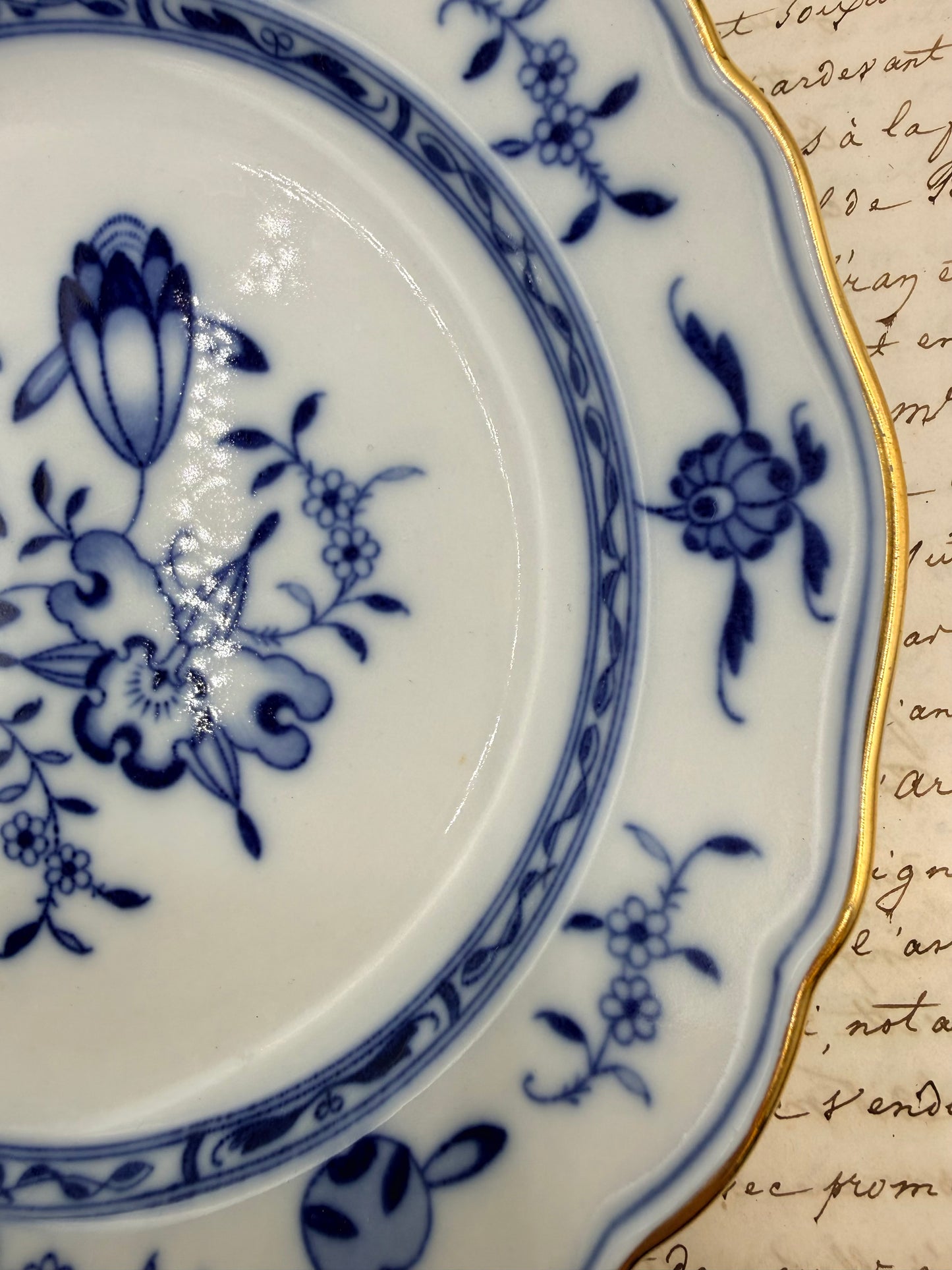 Meissen Blue and White Onion Plate with Gold Rim, 7”