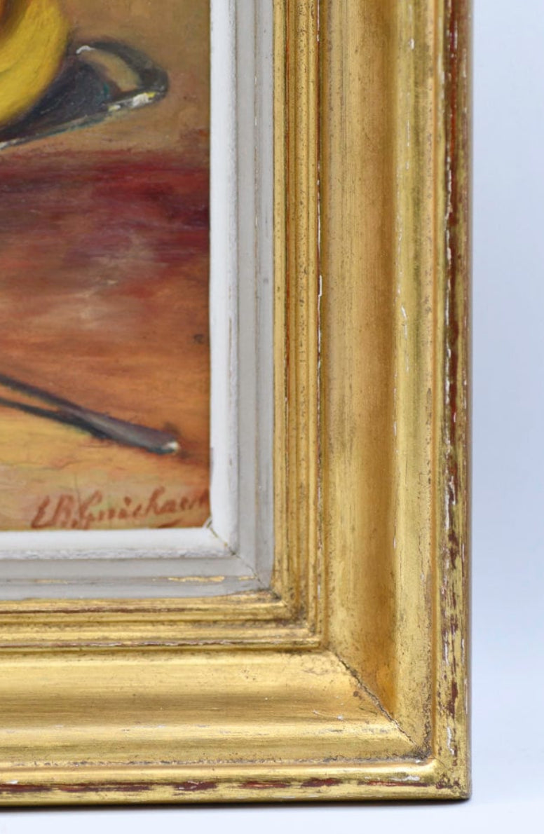 Gold Framed Still Life Oil Painting of Fruit Dining Table, 13”