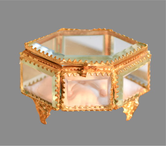Antique Beveled French Jewelry Box with Pink Tuft