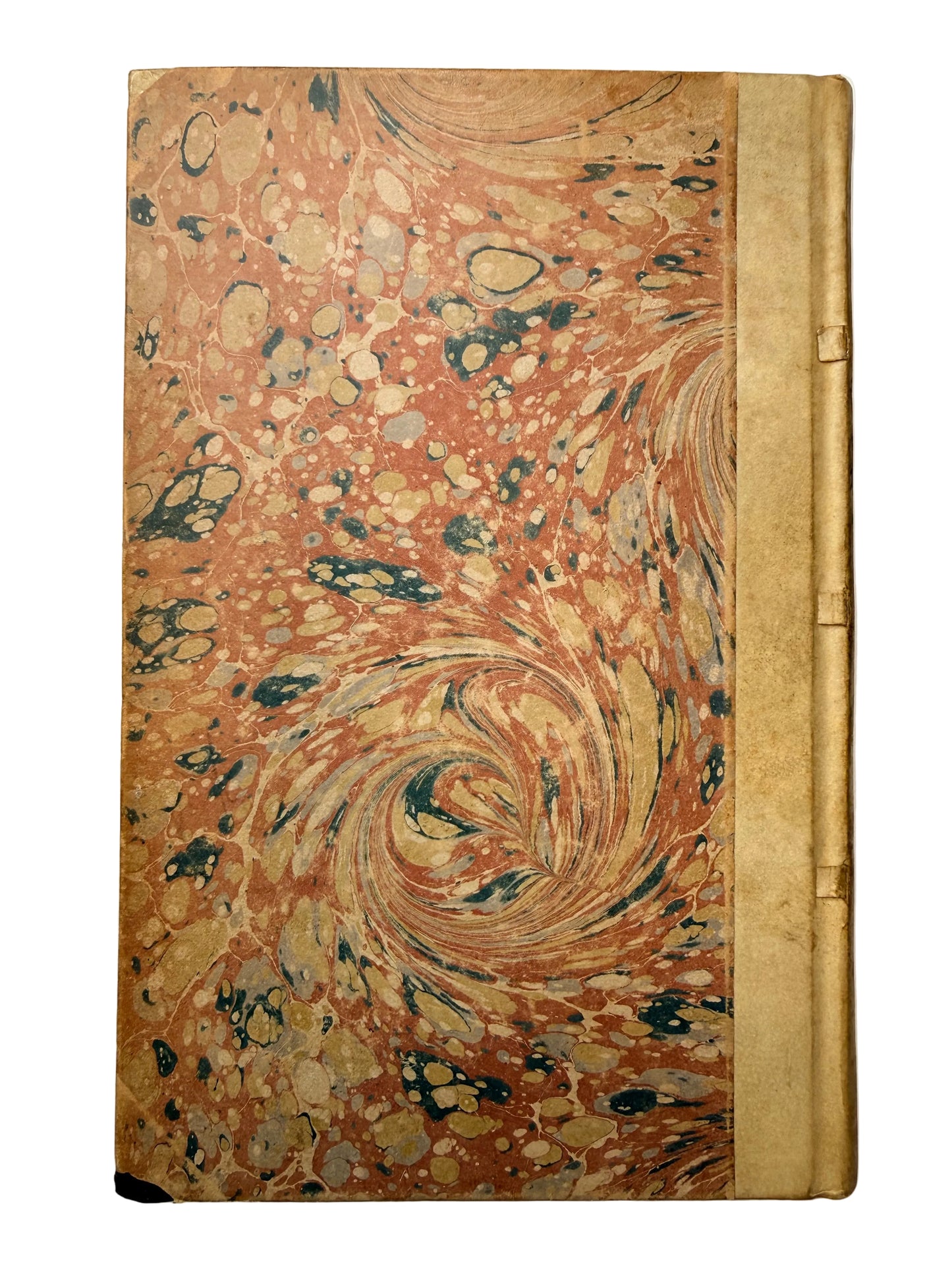 Marbled paper notebook with gold binding on a white background